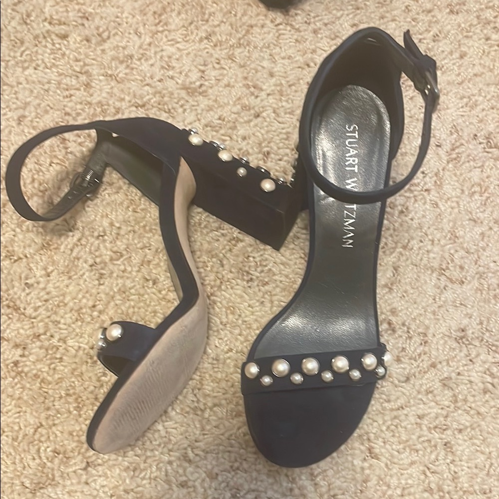 Stuart Weitzman Navy Heeled Sandals with Pearl Embellishments